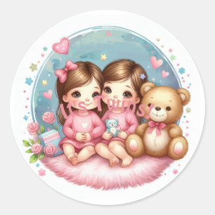 Cute Twin Girl's Baby Shower Watercolor Nalle Runt Klistermärke