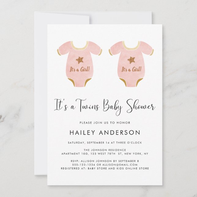 Cute Twin Girls Watercolor Baby Shower Inbjudningar (Framsida)