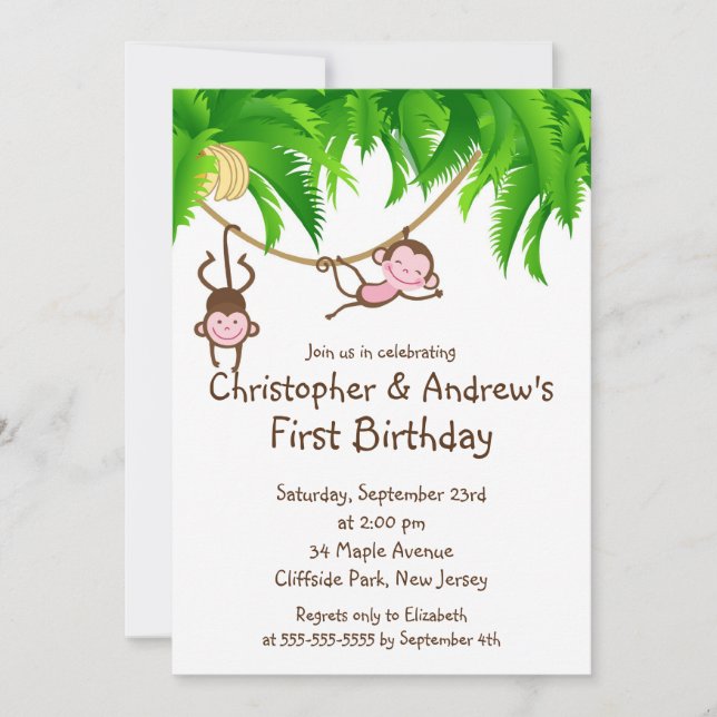 Cute Twin Jungle Monkey Födelsedagsfest inbjudan (Framsida)