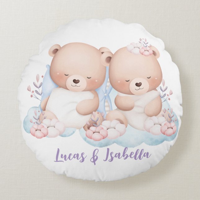 Cute twin nalle, babydusch, party-pojkflicka rund kudde (Framsidan)