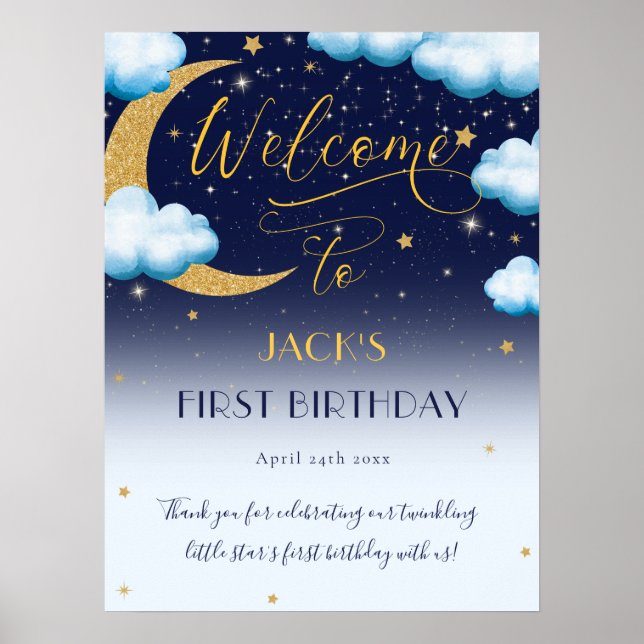 Cute Twinkle Little Star Blue Boy 1st Birth Day Poster (Framsidan)