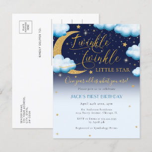 Cute Twinkle Little Star Blue Boy First Birthday Inbjudan Vykort