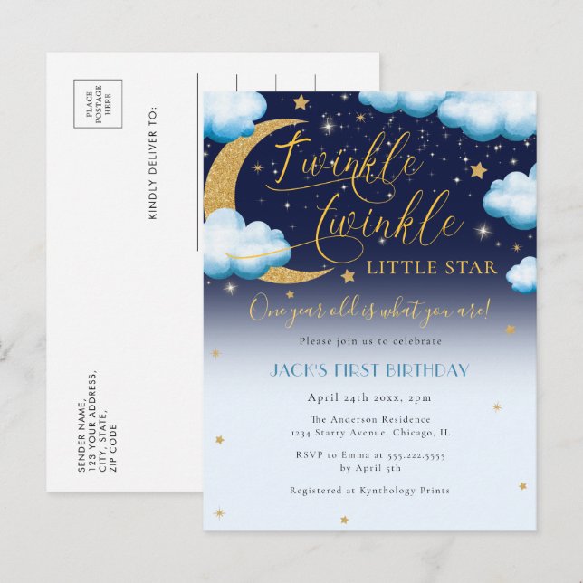 Cute Twinkle Little Star Blue Boy First Birthday Inbjudan Vykort (Fram/baksida)