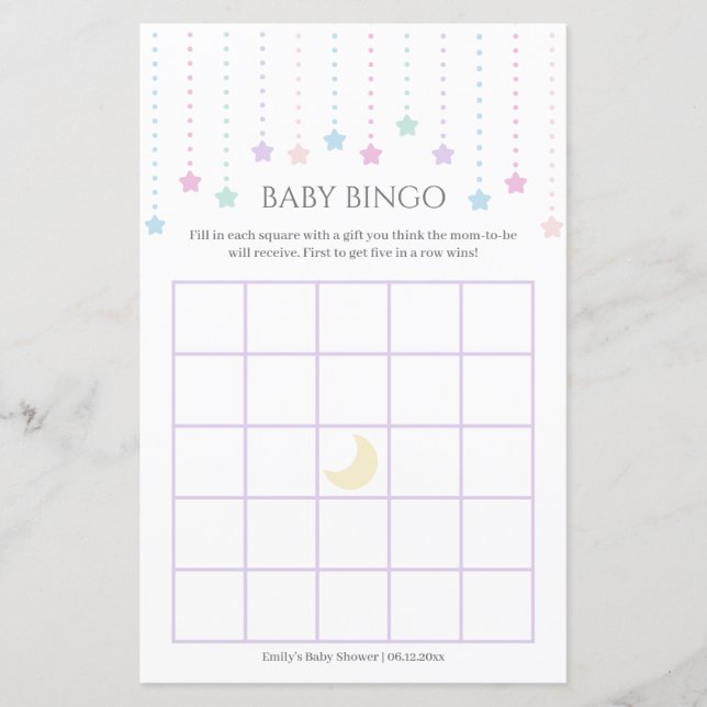 Cute Twinkle Little Stars Baby Shower Bingo Game (Framsida)