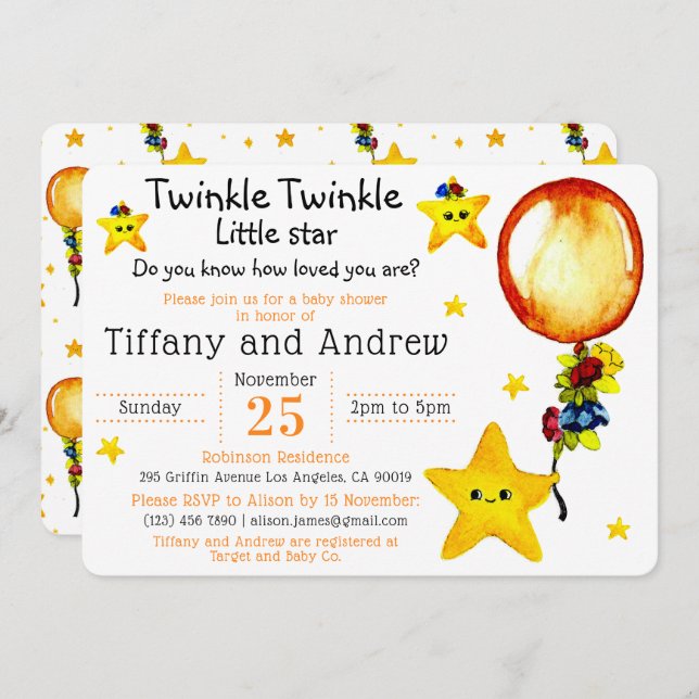 Cute Twinkle Twinkle Little Star Co-ed Baby Shower Inbjudningar (Fram/baksida)