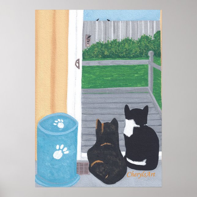 Cute Two Cats Bird Watching Deck Poster (Framsidan)