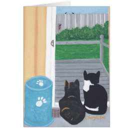 Cute Two Cats Bird Wating Bird Cards Hälsningskort