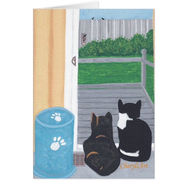 Cute Two Cats Bird Wating Bird Cards Hälsningskort (Framsidan)