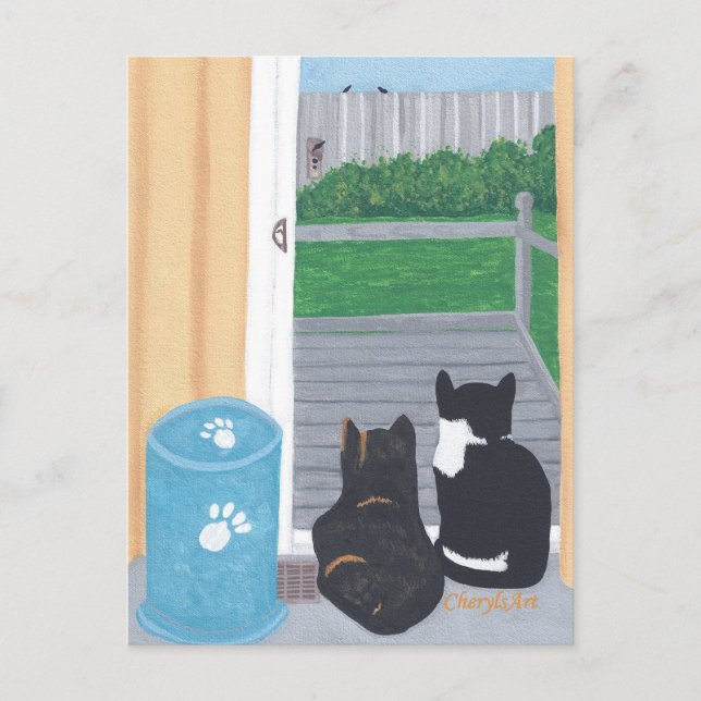 Cute Two Cats Bird Wating Deck Postcard Vykort (Framsida)