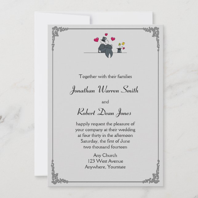 Cute Two Grooms Tecknad Gay bröllopsinbjudan Inbjudningar (Framsida)