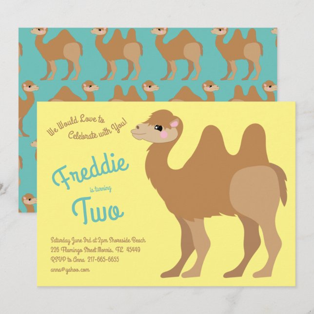 Cute Two Hump Camel Kids 2:a födelsedagen Party Inbjudningar (Fram/baksida)