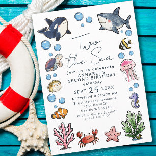 Cute Two Sea Ocean Kids 2:a födelsedag Inbjudningar