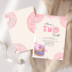Cute Two Sweet Rosa Donut Girl 2 nd Birthday Inbjudningar