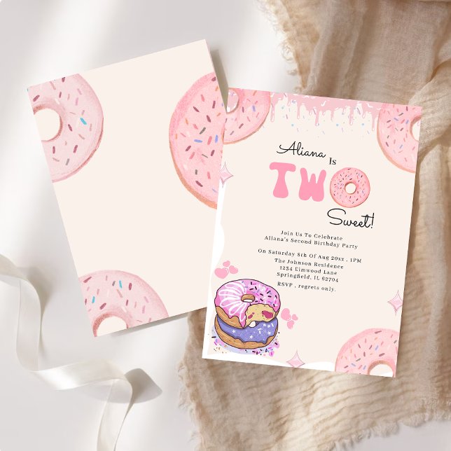 Cute Two Sweet Rosa Donut Girl 2 nd Birthday Inbjudningar (Skapare uppladdad)