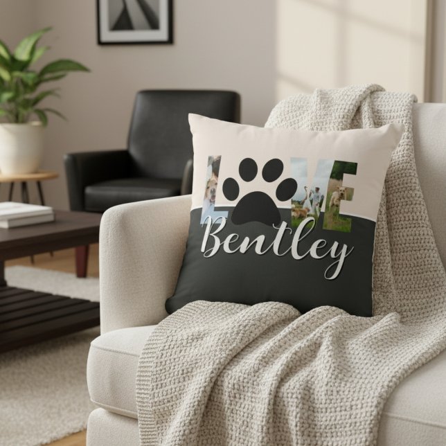 Cute Two Tone Dog Photo Love Paw Print Kudde (Create a cute keepsake of your best friend with this Cute Two Tone Dog Photo Love Paw Print  Pillow!)