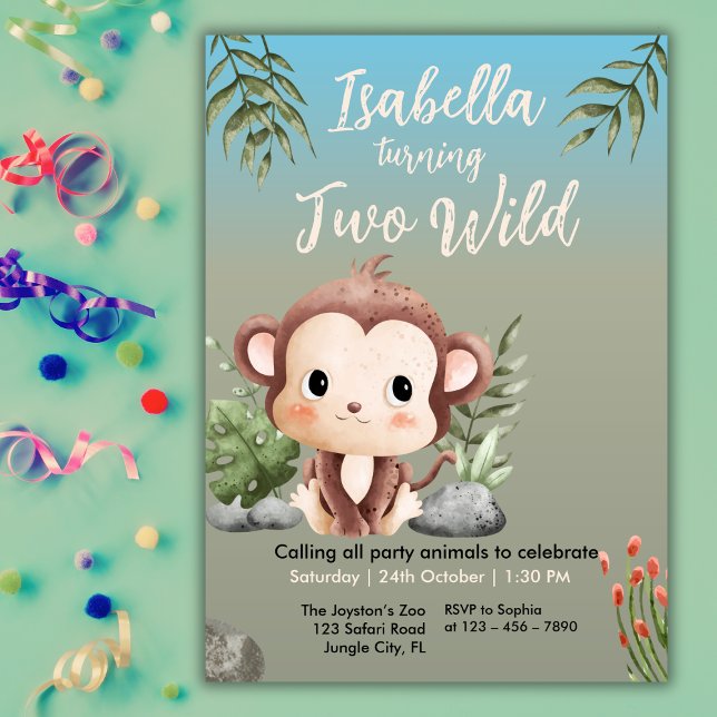 Cute Two Wild Safari Monkey Kids 2nd Birthday  Inbjudningar (Skapare uppladdad)