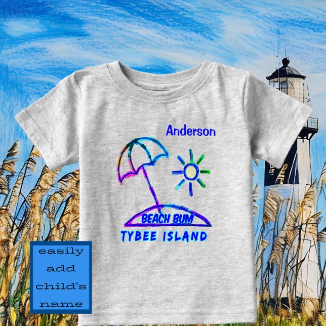 Cute Tybee Island GA Finger Paint Beach Umbrella T Shirt (TYBEE Beach Bum with name. Adorable fun vacation souvenir.)