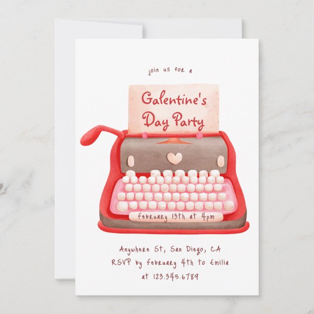 Cute Typewriter Hearts Galentine's Day Party Inbjudningar (Framsida)