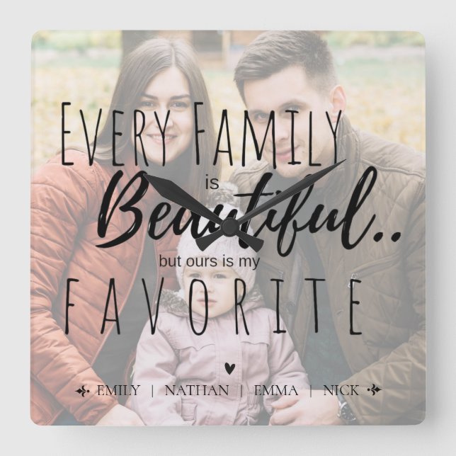 Cute Typography Family är ett vackert familjefoto Fyrkantig Klocka (Framsida)