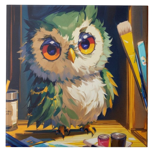 Cute Uggla Acrylic och Palette knivar stroks Kakelplatta (Framsidan)