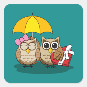 Cute Uggla Älskare w/ Umbrella & Red Chocolate Box Fyrkantigt Klistermärke