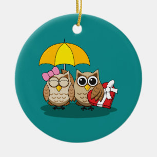 Cute Uggla Älskare w/ Umbrella & Red Chocolate Box Julgransprydnad Keramik