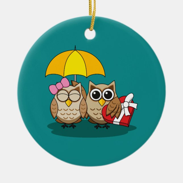 Cute Uggla Älskare w/ Umbrella & Red Chocolate Box Julgransprydnad Keramik (Framsidan)