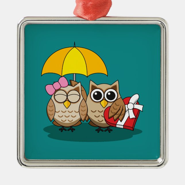 Cute Uggla Älskare w/ Umbrella & Red Chocolate Box Julgransprydnad Metall (Framsidan)