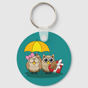 Cute Uggla Älskare w/ Umbrella & Red Chocolate Box Nyckelring