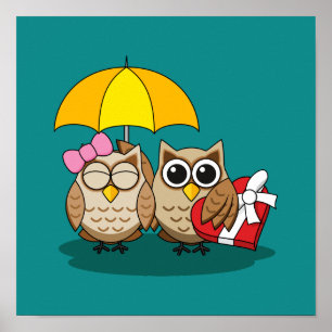 Cute Uggla Älskare w/ Umbrella & Red Chocolate Box Poster