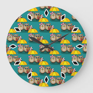 Cute Uggla Älskare w/ Umbrella & Red Chocolate Box Stor Klocka