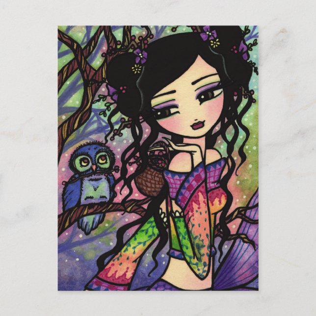 Cute Uggla Asian Sjöjungfru Fantasy Art Postcard Vykort (Framsida)