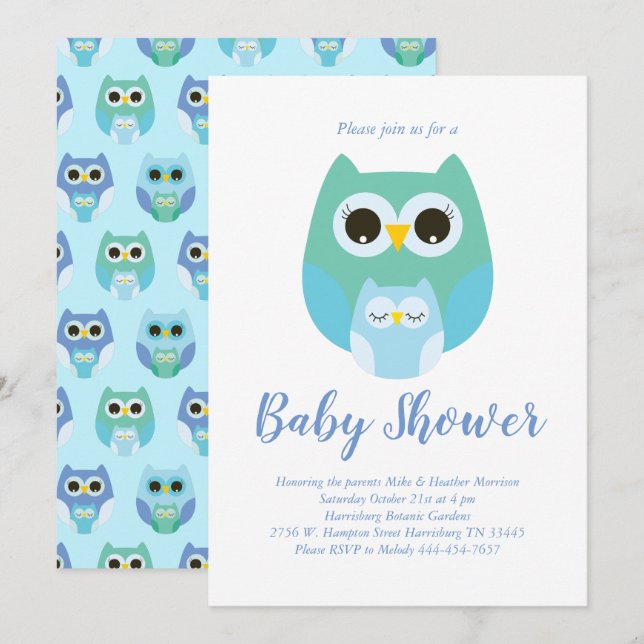 Cute Uggla Baby Shower Blue Bird Boy Inbjudningar (Fram/baksida)