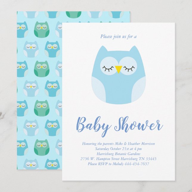 Cute Uggla Baby Shower Blue Bird Boy Inbjudningar (Fram/baksida)