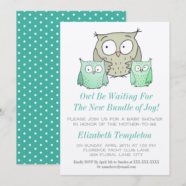 Cute Uggla Baby Shower Gender Neutral-paket Joy Inbjudningar (Fram/baksida)