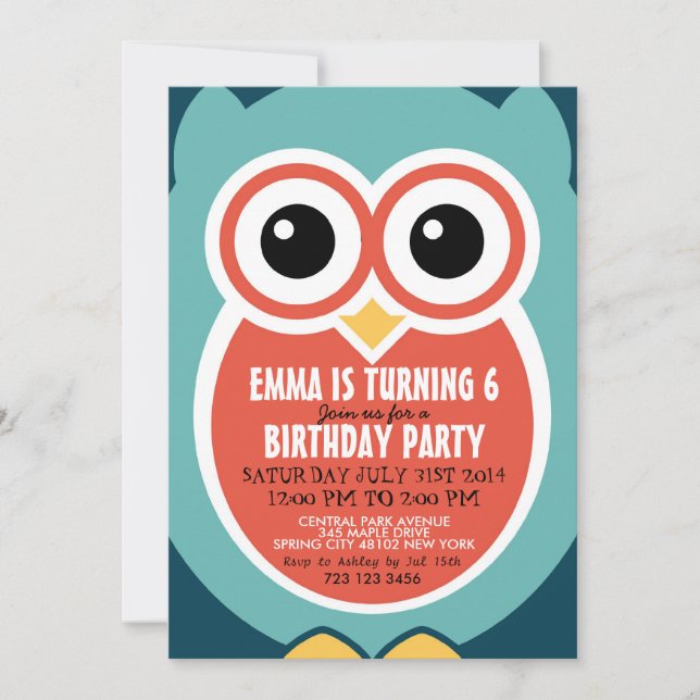 Cute Uggla Bird Birthday Inbjudningskort för barn (Framsida)