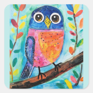 Cute Uggla Bird Watercolor Art Fyrkantigt Klistermärke