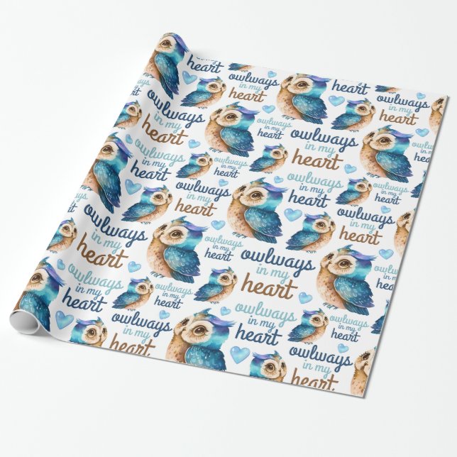 Cute Uggla Blue Kärlek Owlways i mitt hjärta Presentpapper (Utrullad)