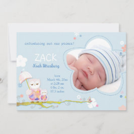 Cute Uggla Blue Pojke Photo Birth Meddelande