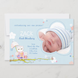 Cute Uggla Blue Pojke Photo Birth Meddelande