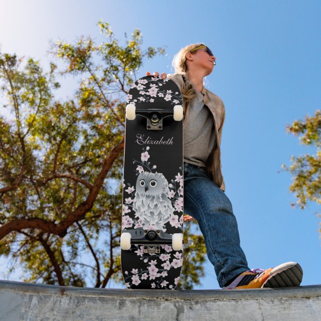 Cute Uggla Cherry Blommar Rosa Black Add Namn Mini Skateboard Bräda 18,5 Cm (Utomhus 1)