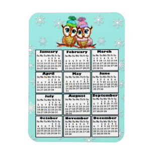 Cute Uggla Couple Teal Snöflingor 2020 Mini Calen Magnet