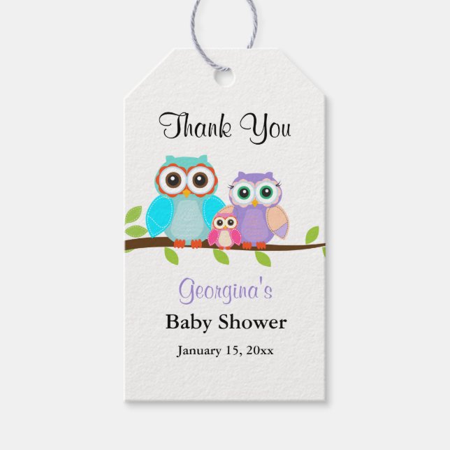 Cute Uggla Family Girl Baby Shower Gift-Märkre Presentetikett (Framsidan)