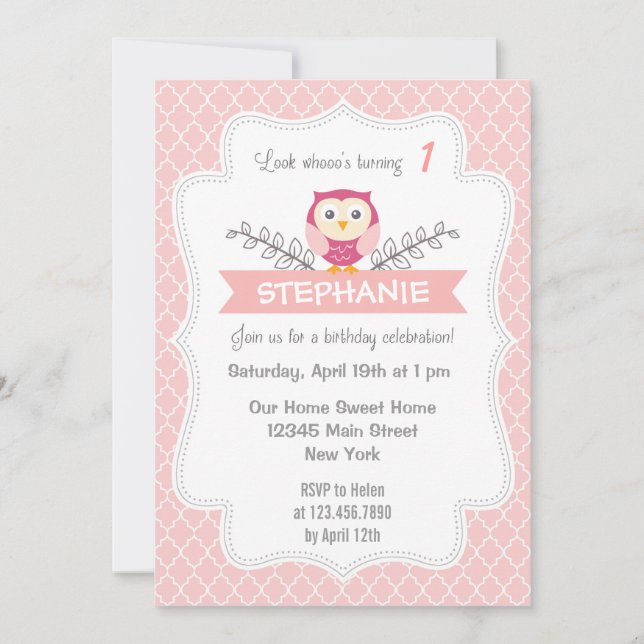 Cute Uggla födelsedagsinbjudan Söt Ljusare rosa Inbjudningar (Framsida)