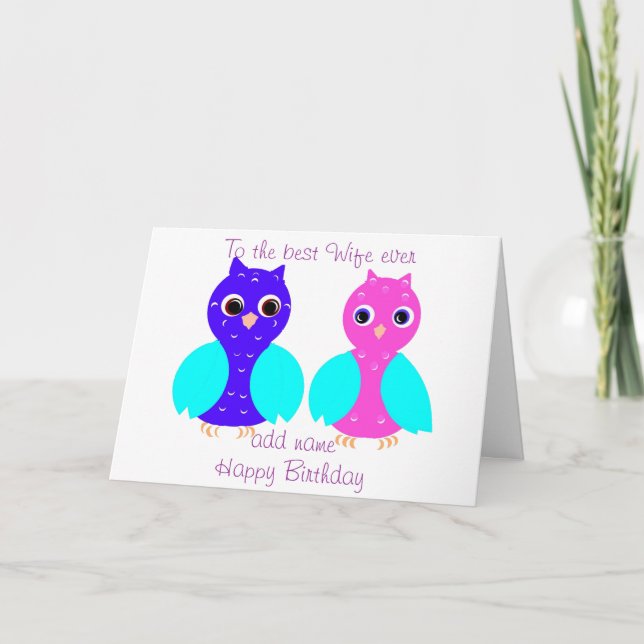 Cute Uggla födelsedagskort, fru, lägg till namn fr Kort (Framsida)