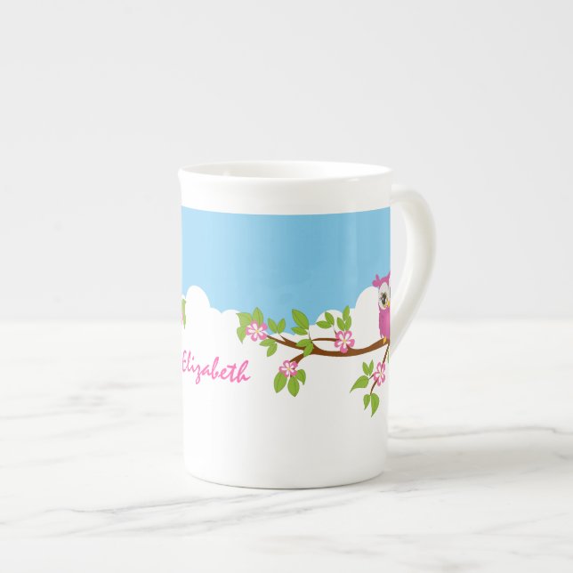 Cute Uggla Girl på en China i Gren Benporslin Mugg (Framsida höger)