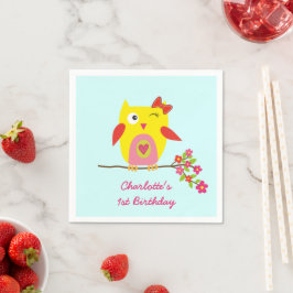 Cute Uggla Gult Rosa Flowers Personlig Birdag Pappersservett