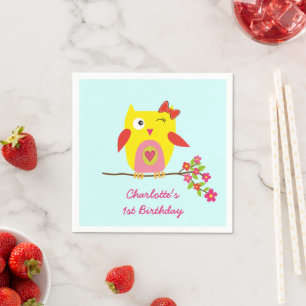Cute Uggla Gult Rosa Flowers Personlig Birdag Pappersservett