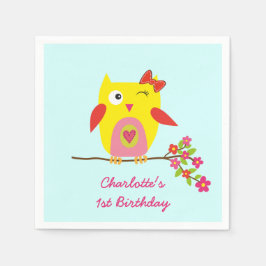 Cute Uggla Gult Rosa Flowers Personlig Birdag Pappersservett