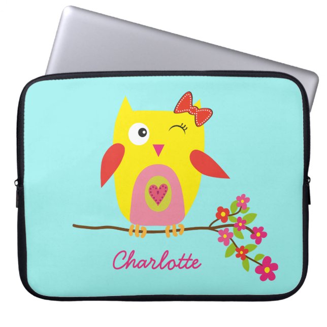 Cute Uggla Gult Rosa Flowers Personlig Namn Laptop Fodral (Framsidan)